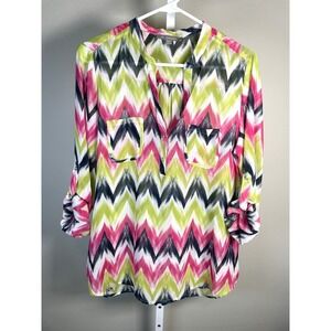 NY Collection Women's Career Blouse Medium Roll Tab Sleeves Colorful Rave Top